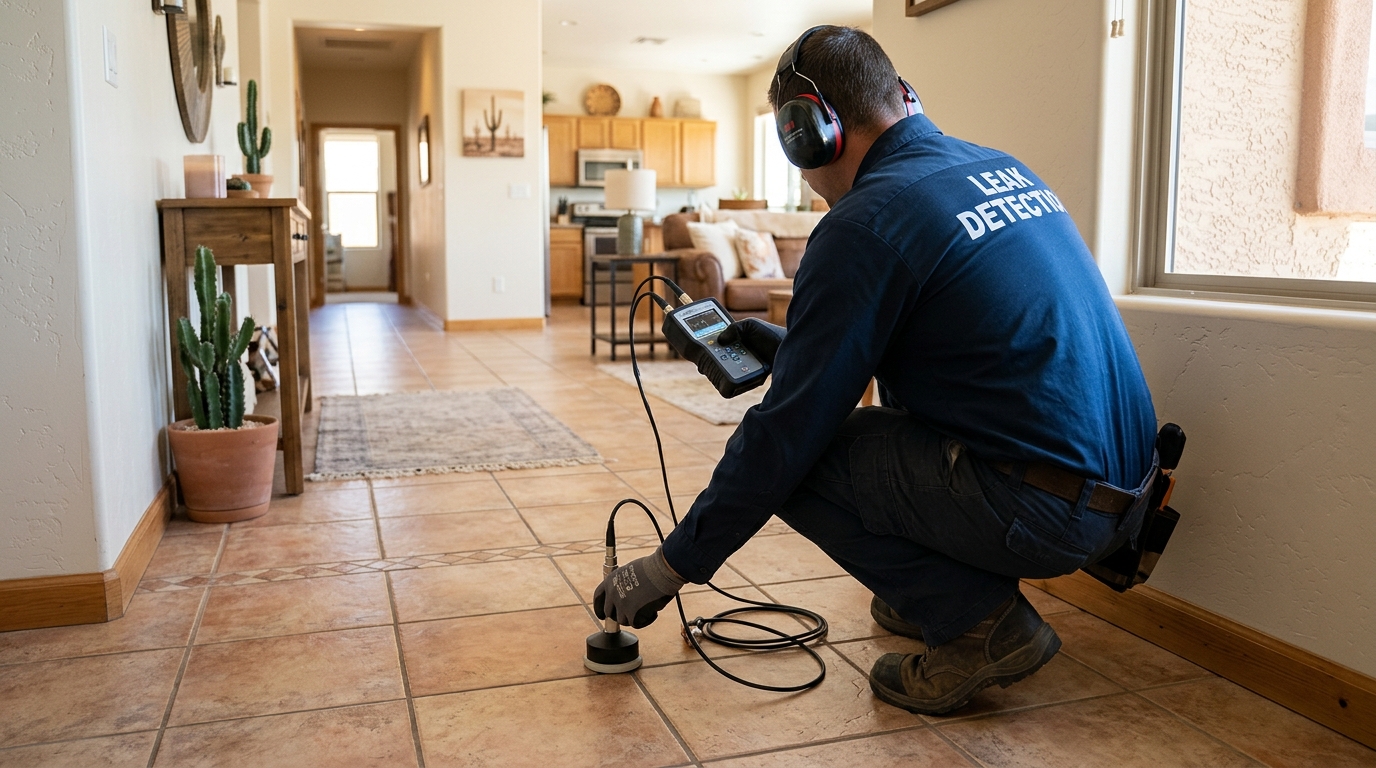 Plumbing technician using acoustic listening device on a residential concrete slab in Redding CA